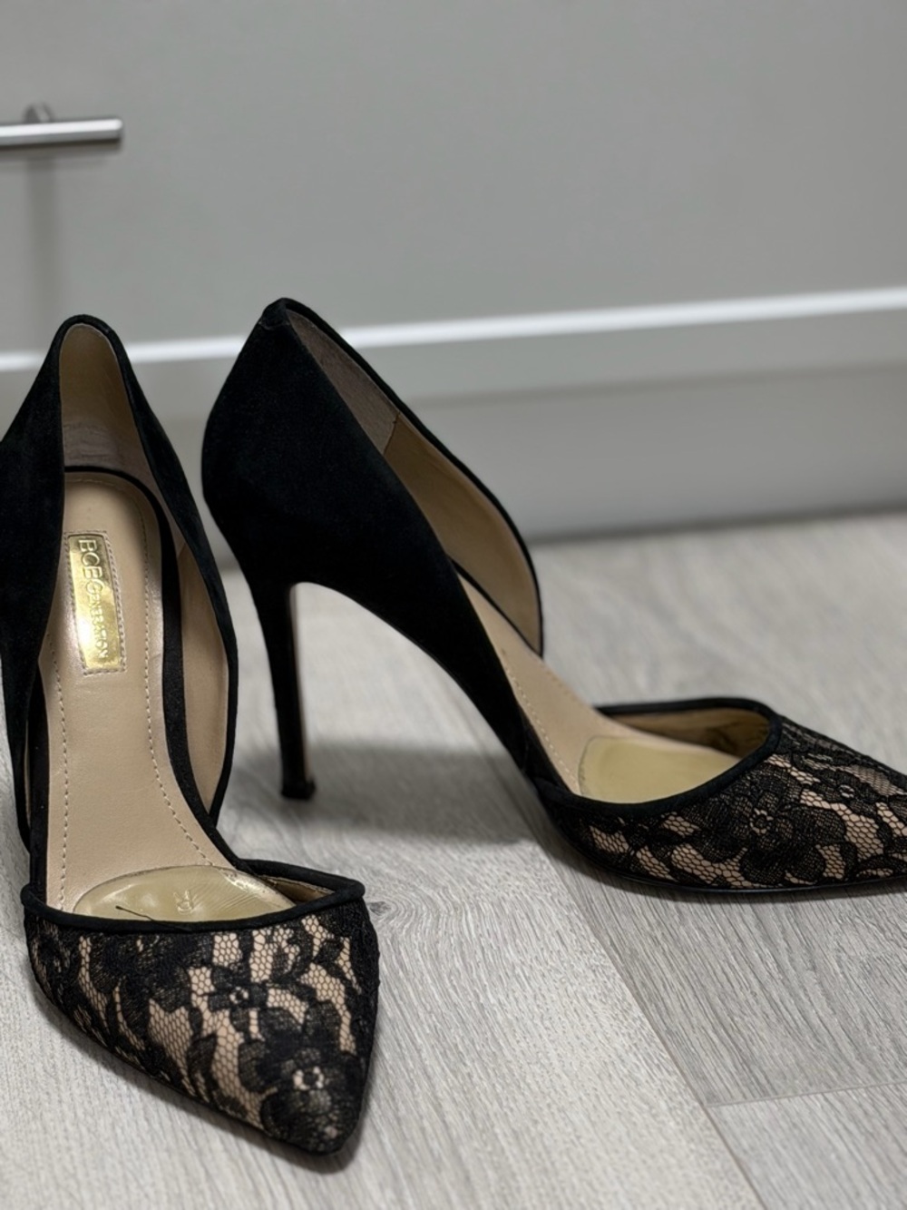 BCBG Black Lace Pointed Toe Stiletto Pumps